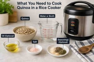 Ingredients for preparing quinoa in a rice cooker