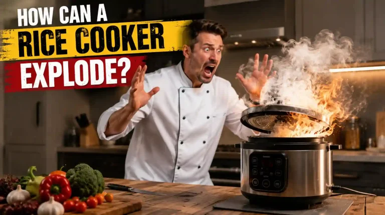 A realistic kitchen scene showing a rice cooker releasing heavy steam and flames while a panicked chef reacts nearby, illustrating how a rice cooker can explode, overheat, or develop dangerous pressure and electrical problems.