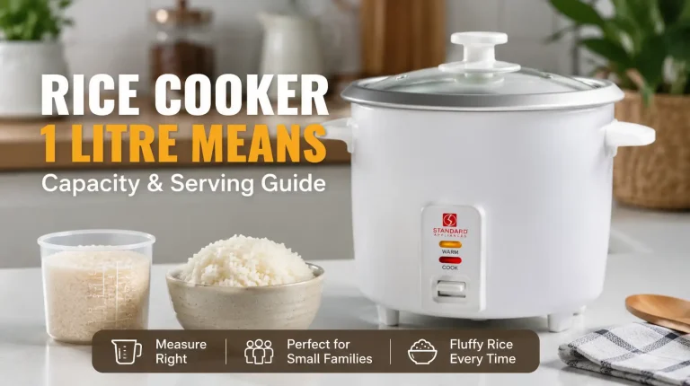 "A 1-litre rice cooker with a measuring cup of uncooked rice and cooked rice, illustrating what rice cooker 1 litre means."