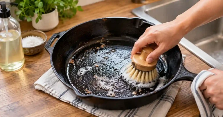 How to clean a cast iron skillet with a brush and soapy water