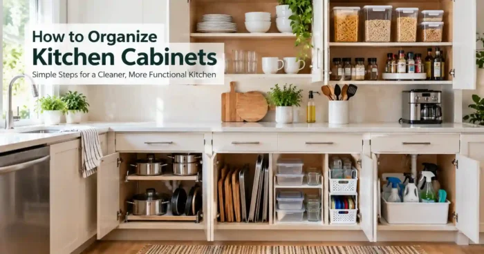 How to organize kitchen cabinets with neatly arranged dishes, cookware, food containers, spices, and cleaning supplies