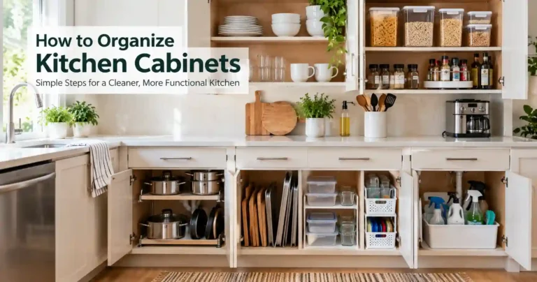How to organize kitchen cabinets with neatly arranged dishes, cookware, food containers, spices, and cleaning supplies