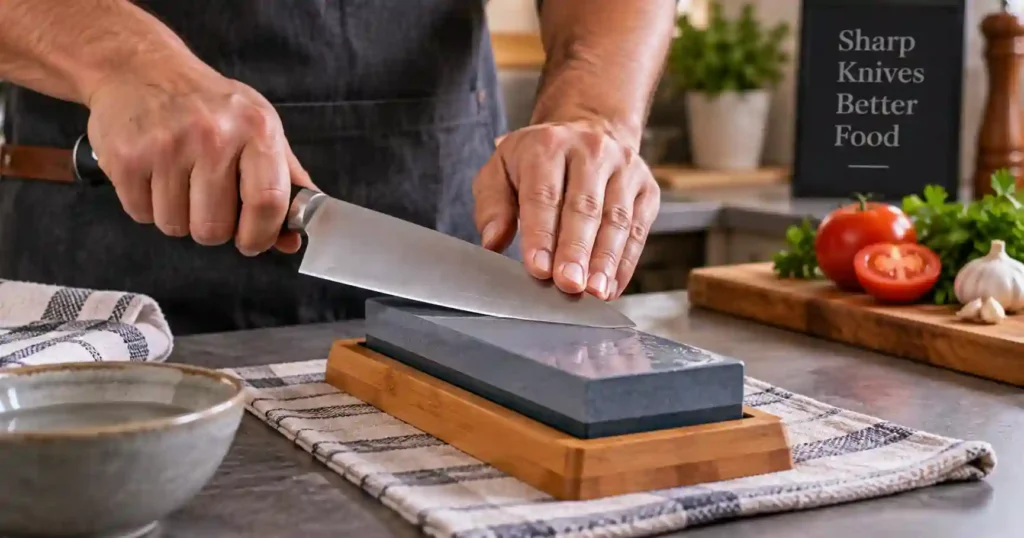 How to sharpen kitchen knives using a whetstone on a chef knife at home